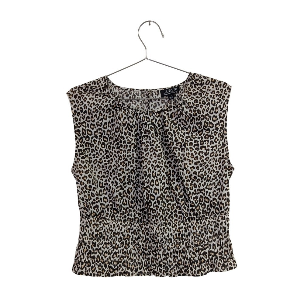 J. Crew Hyacinth Top Smocked Contemporary Cotton Poplin Neutral Leopard Print M - Picture 2 of 7